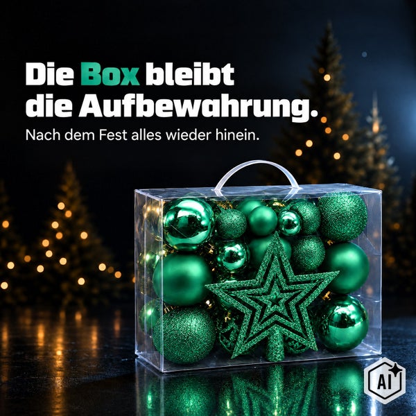 Transparente Aufbewahrungsbox gefüllt mit Weihnachtskugeln und einem Weihnachtsstern zur Aufbewahrung von Weihnachtsdekoration.