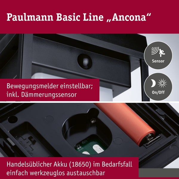 Paulmann Basic Line Ancona Wandleuchte mit einstellbarem Bewegungsmelder Dämmerungssensor und austauschbarem 18650 Akku für Außenbereiche.