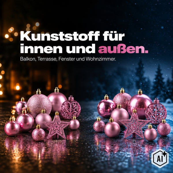 Weihnachtsschmuck aus Kunststoff fuer den Innen und Aussenbereich mit Sternen und Kugeln in winterlicher Umgebung.