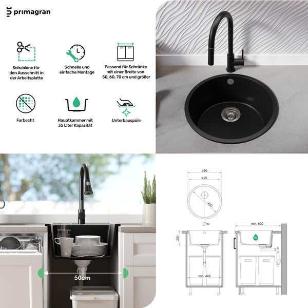 PRIMAGRAN Granitspüle Weiß 46x46cm, Spülbecken Rund 1 Becken + Küchenarmatur 40x20cm + Ablauf-Set, Küchenspüle ab 50er Unterschrank - Valletta Slim