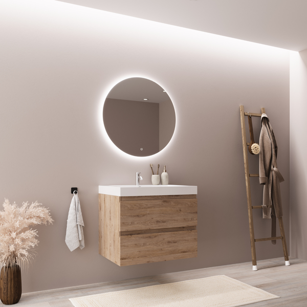 Moderner Badezimmer-Waschtisch in Holzoptik mit zwei Schubladen, Waschbecken und rundem LED-Spiegel in einem hellen, aufgeräumten Badezimmer.