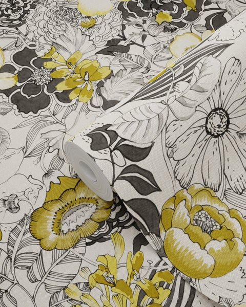 ESTAhome Tapete Blumen Ockergelb und Beige - 53 cm x 10.05 m - 138506