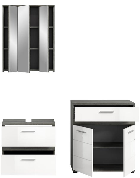 Dreiteiliges Badezimmermöbel-Set bestehend aus Spiegelschrank, Waschbeckenunterschrank mit zwei Schubladen und Beistellschrank in Grau und Weiß.