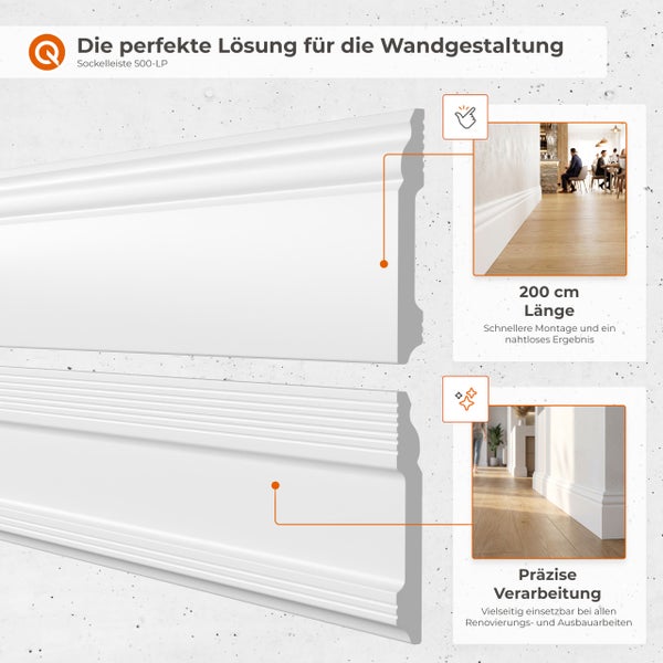 Sockelleiste 500-LP als dekorative Wandabschlussleiste mit Montagebeispielen für eine einfache Raumgestaltung und präzise Verarbeitung.