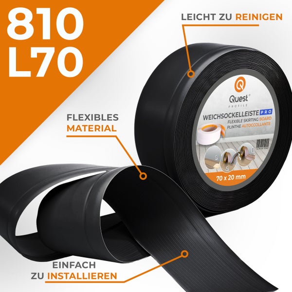 Quest Weichsockelleiste, Breite Sockelleiste 70 x 20 mm, PVC Knickleiste für Wand, Boden, Flexibel, Schwarz, 1 Meter