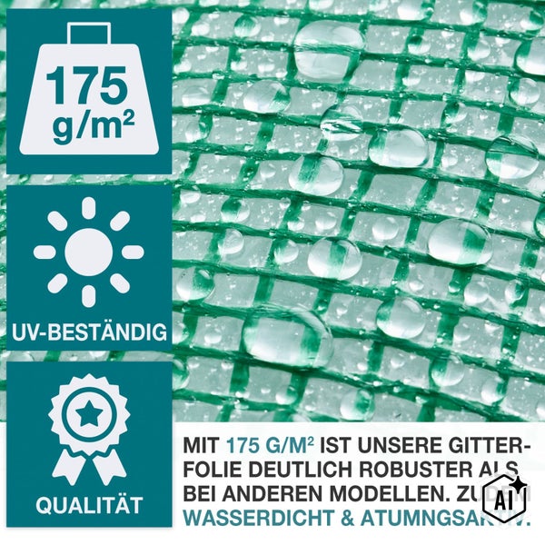 Robuste Gewächshausfolie mit Gitterverstärkung, 175 Gramm pro Quadratmeter, UV-beständig und wasserdicht für den Gartenbau.