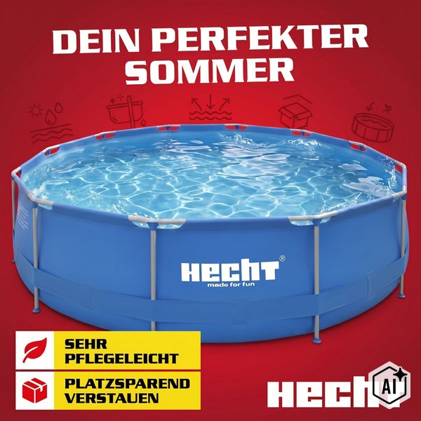 Runder Hecht Stahlrahmenpool mit Wasserfüllung, pflegeleicht und platzsparend verstaubar, Hecht Logo