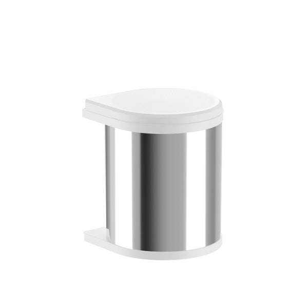 Einbau-Abfalleimer aus Edelstahl mit weißem Kunststoffdeckel zur Schrankmontage.