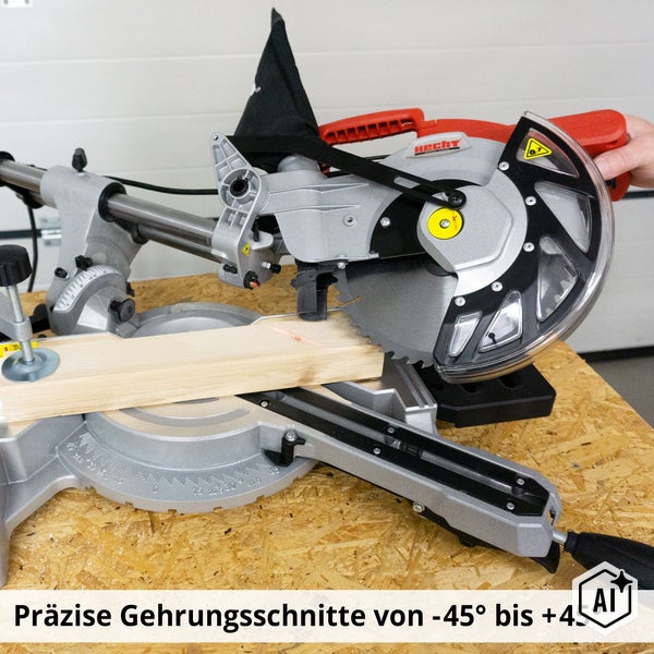Hecht Kapp und Gehrungssäge für präzise Schnitte von minus 45 bis plus 45 Grad bei der Holzbearbeitung