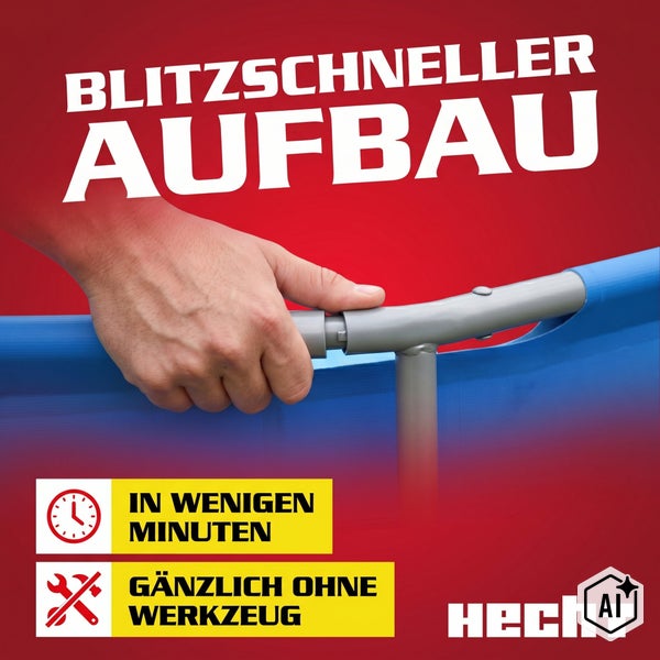 Eine Hand baut das Metallgestell eines Gartenpools auf, Symbol für werkzeuglosen Aufbau in wenigen Minuten, Hecht Logo.