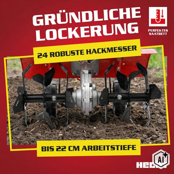 Hecht Motorhacke mit 24 Hackmessern und 22 Zentimeter Arbeitstiefe für ein perfektes Saatbett.