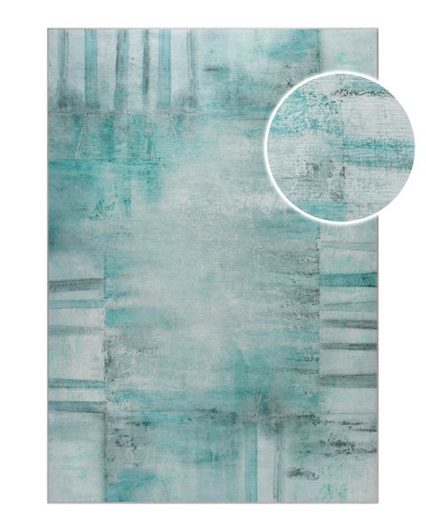 Teppich mit abstraktem Vintage-Design in Türkis und Grau inklusive Detailansicht der Oberflächenstruktur.