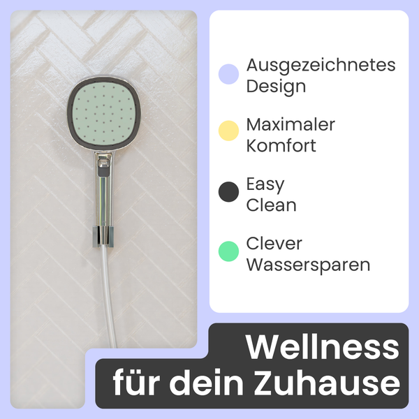 Handbrause an Fischgrät-Fliesenwand. Merkmale: Design, Komfort, Easy Clean, Wassersparen. Text: Wellness für dein Zuhause.