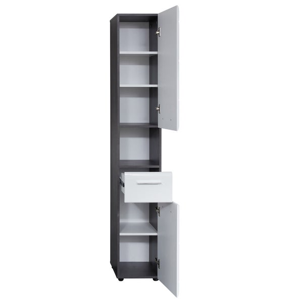 Line Bad Hochschrank 2 Türen, 1 Schublade, 1 offenes Fach rauchsilber, weiß Hochglanz. 30 X 31 X 182 cm