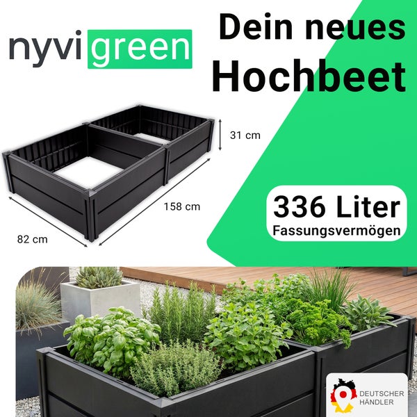 Nyvi Green Hochbeet aus Kunststoff mit 336 Liter Volumen, Maße 158 mal 82 mal 31 Zentimeter, geeignet für den Garten oder die Terrasse.