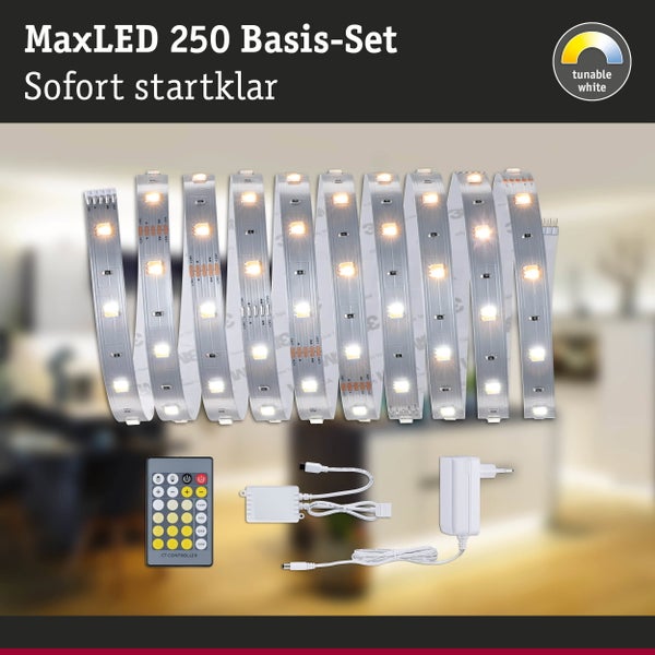MaxLED 250 Basis Set mit LED Streifen, Fernbedienung und Netzteil für tunable white Lichtsteuerung.
