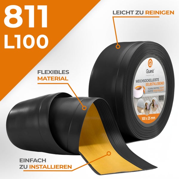 Quest Weichsockelleiste Selbstklebend, Breite Sockelleiste 100 x 25 mm, PVC Knickleiste für Wand, Boden, Flexibel, Schwarz, 1 Meter