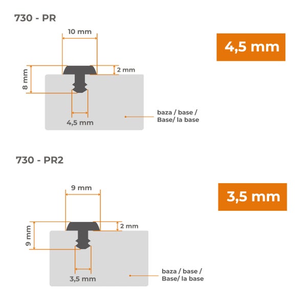 Technische Zeichnung mit Maßen für T-Profil Einleimer 730 PR und 730 PR2 für Nuten von 3,5 Millimeter und 4,5 Millimeter Breite.