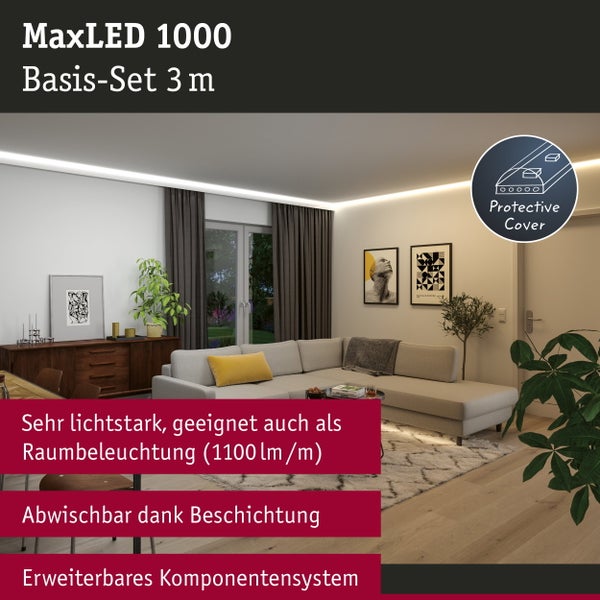 Infografik MaxLED 1000 LED Streifen mit selbstklebender Rückseite, 108 LEDs pro Meter, alle 5,55 Zentimeter kürzbar und Steckverbindung.