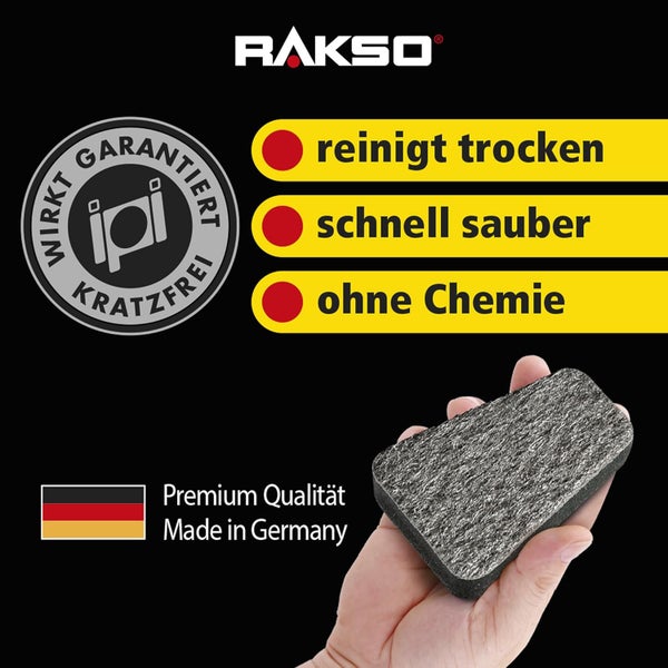 Rakso Logo, IPI Siegel garantiert kratzfrei, reinigt trocken, schnell sauber, ohne Chemie, Premium Qualität Made in Germany.