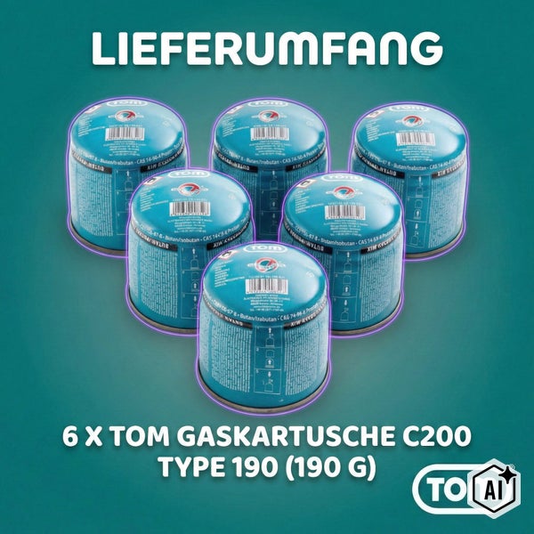 Set mit sechs Gaskartuschen Tom C200 Typ 190 mit je 190 Gramm Inhalt.