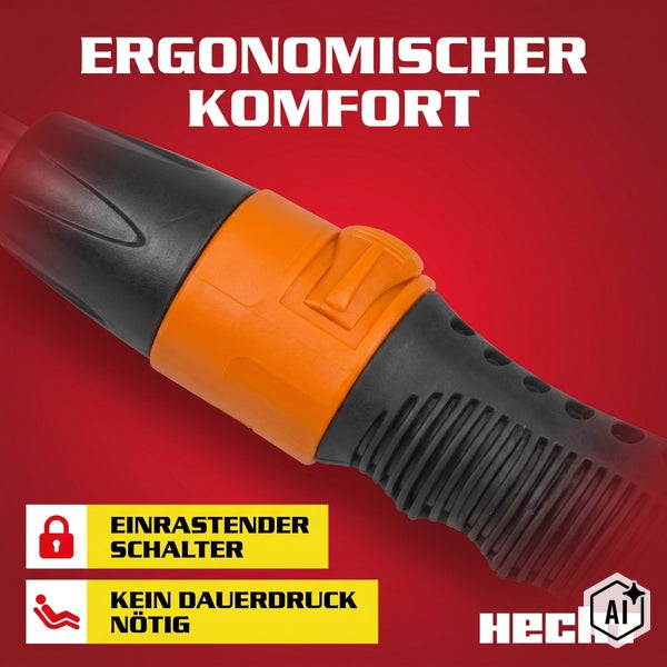 Hecht Gartenspritzen Handgriff mit einrastendem Schalter und ergonomischer Gestaltung für bequemes Arbeiten.