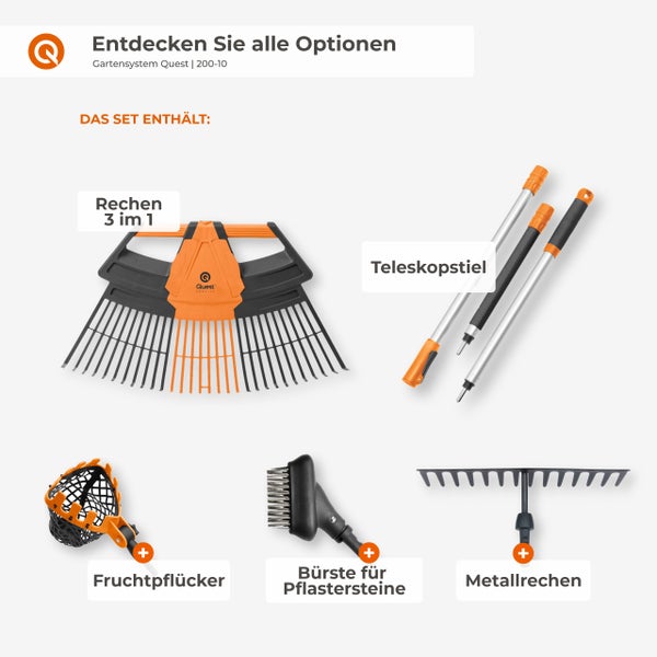 Gartenwerkzeug Set bestehend aus einem 3-in-1 Rechen, Teleskopstiel, Obstpflücker, Pflastersteinbürste und Metallrechen