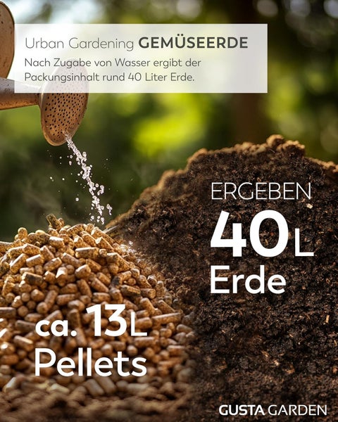 Urban Gardening Gemüseerde von Gusta Garden, circa 13 Liter Pellets ergeben durch Wasserzugabe 40 Liter Erde, Gusta Garden Logo.
