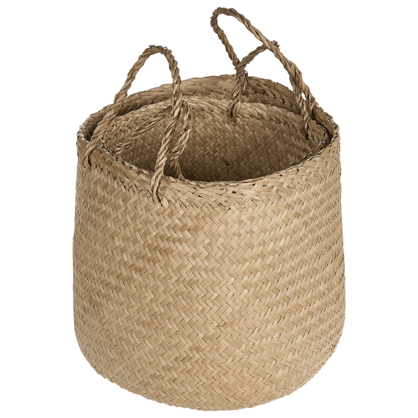 Set aus drei geflochtenen Pflanzkörben mit Griffen