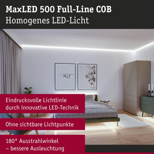 Lieferumfang und technische Daten des Paulmann LED RGB Lichtstreifen mit Fernbedienung und Netzteil auf der Verpackungsrückseite.