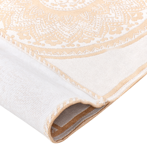 Flachgewebter In- und Outdoor-Teppich mit kreisförmigem Mandala-Muster und Detailansicht der Kante.