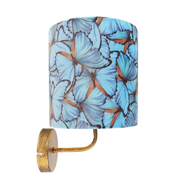 Vintage Wandlampe Gold mit Schmetterling Veloursschirm - Matt