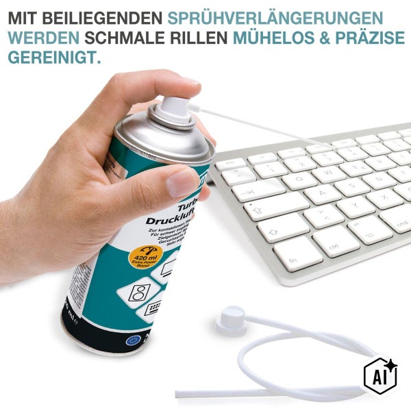 Druckluftspray zur Reinigung von Tastaturen mit Sprühverlängerung zur präzisen Anwendung in schmalen Rillen.