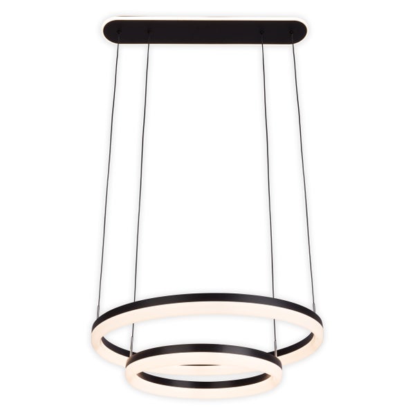 LED-CCT-Pendelleuchte CIRCULO aus schwarzem Metall und sandfarbenem Kunststoff, mit integrierter LED und vielen Funktionen, Ø 60 cm, 150 cm hoch.