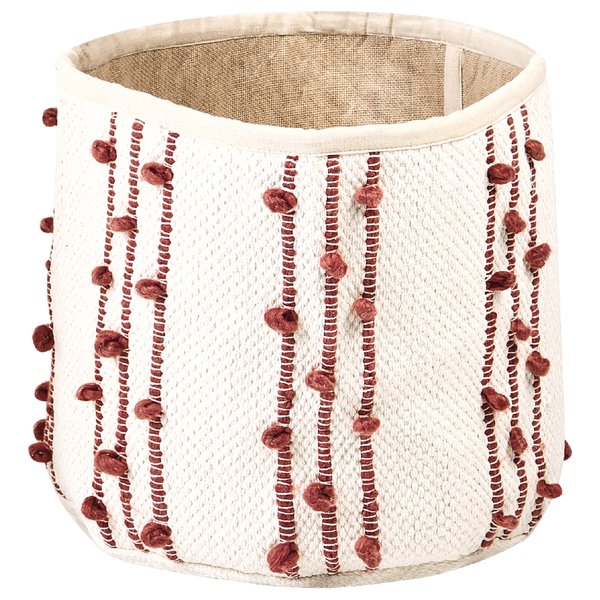Dekorativer Stoffkorb mit Borten und Bommeln