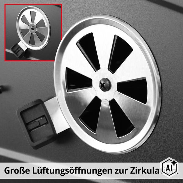 Regulierbare Lüftungsöffnung aus Edelstahl mit Kunststoffgriff zur Luftzufuhrsteuerung an einem Grill