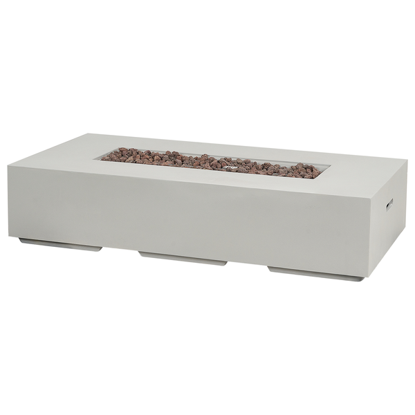 Rechteckiger Gas-Feuertisch aus Faserbeton mit Lavasteinen.