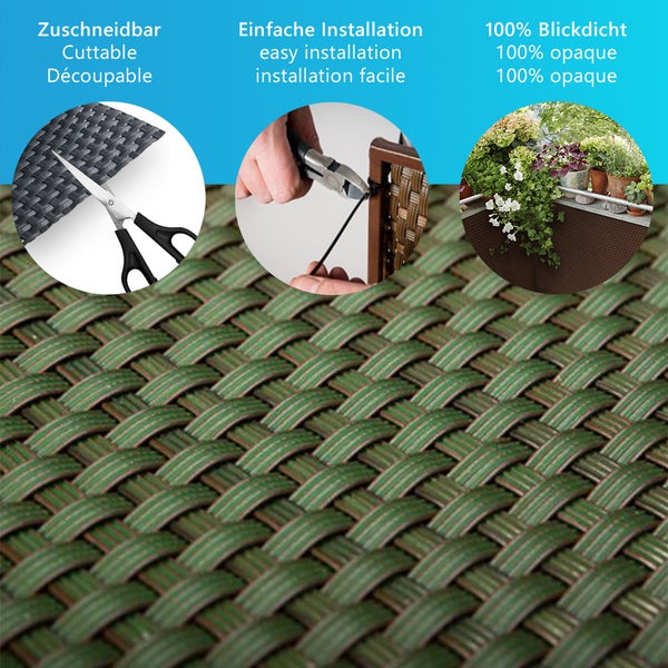 Sichtschutzmatte für den Balkon aus Kunststoffgeflecht, zuschneidbar, einfache Montage mit Kabelbindern und 100 Prozent blickdicht.