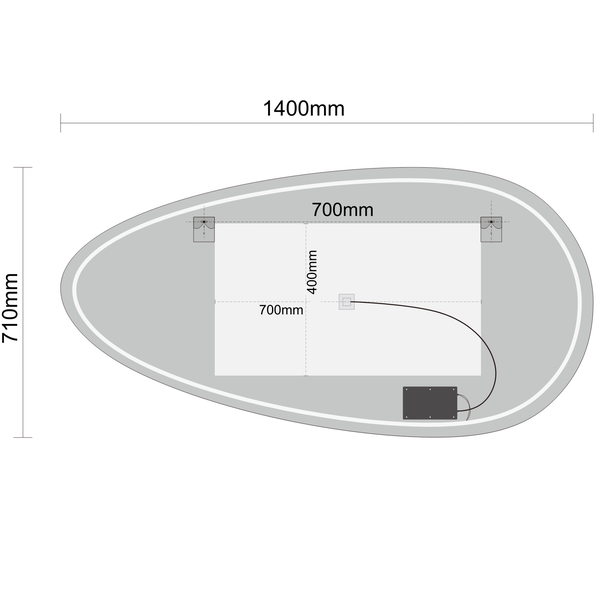 Technische Zeichnung eines ovalen Badezimmerspiegels mit den Maßen 1400 Millimeter mal 710 Millimeter inklusive Rückansicht der Montagepunkte.