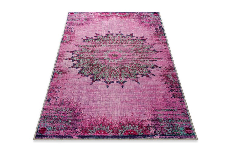Rechteckiger Teppich im Vintage-Stil mit großem Mandala-Muster, Pink und Blau.