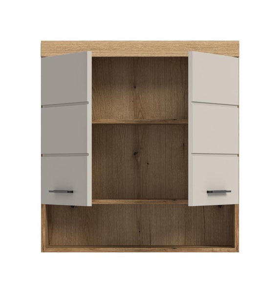 Badezimmer-Hängeschrank in Holzoptik mit zwei grauen Türen und einem offenen Fach unten, inklusive Maßangaben in Zentimeter.