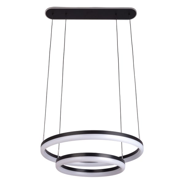 LED-CCT-Pendelleuchte CIRCULO aus schwarzem Metall und sandfarbenem Kunststoff, mit integrierter LED und vielen Funktionen, Ø 60 cm, 150 cm hoch.