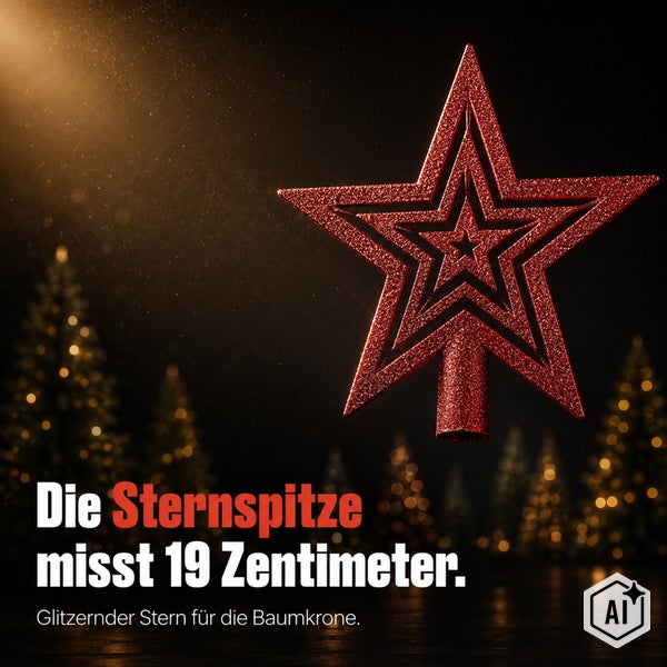 Glitzernde Weihnachtsbaumspitze in Sternform mit einer Größe von 19 Zentimetern für die Dekoration der Baumkrone.