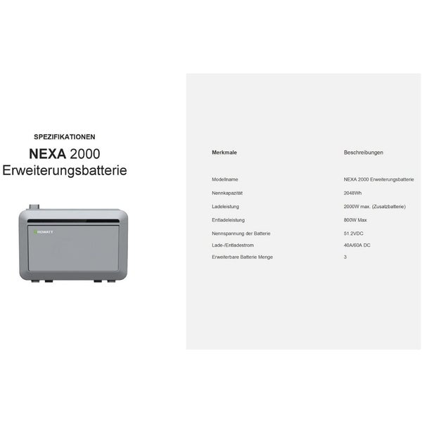 Spezifikationen der Growatt NEXA 2000 Erweiterungsbatterie mit 2048 Wattstunden Nennkapazität und maximal 2000 Watt Ladeleistung.