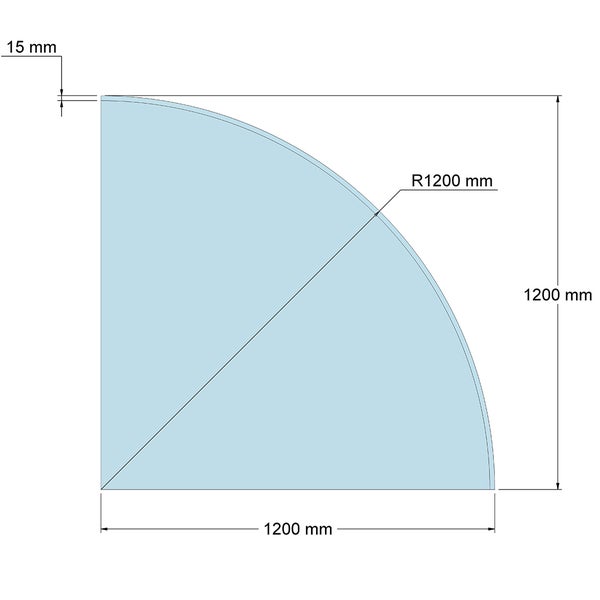 Technische Zeichnung einer Viertelkreisplatte mit den Maßen 1200 mal 1200 Millimeter, einem Radius von 1200 Millimeter und 15 Millimeter Stärke.