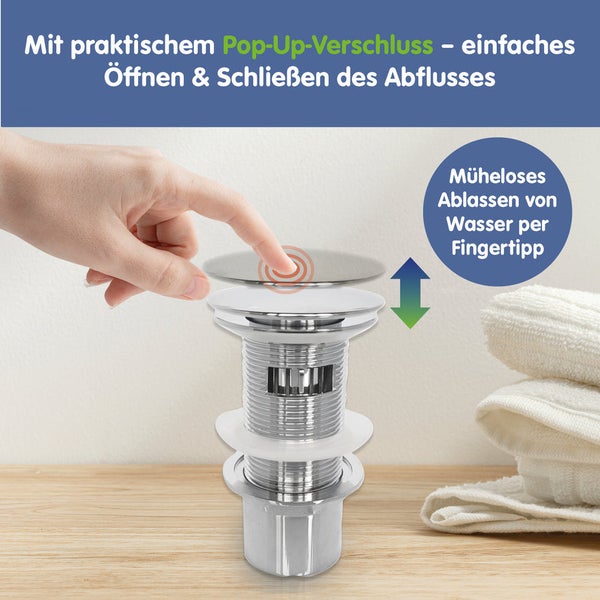 Ablaufgarnitur für Waschbecken mit praktischer Pop-up-Funktion zum einfachen Öffnen und Schließen per Fingertipp.