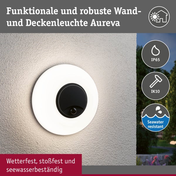 Runde LED-Wand- und Deckenleuchte Aureva für den Außenbereich, spritzwassergeschützt IP65, stoßfest IK10 und seewasserbeständig, mit Bewegungsmelder.