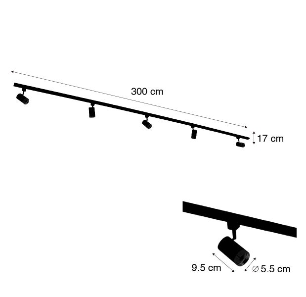1-Phasen-Schienensystem mit 5 Spots schwarz mit Goldring - Jeana