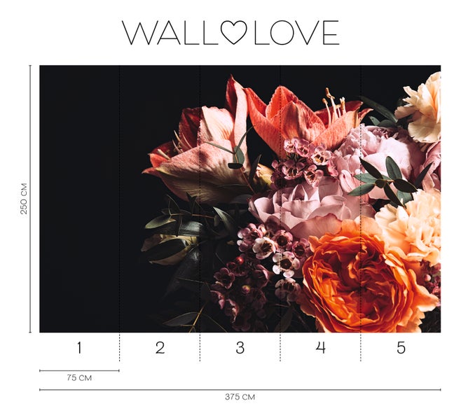 Fototapete mit Blumenmotiv und Größenangaben