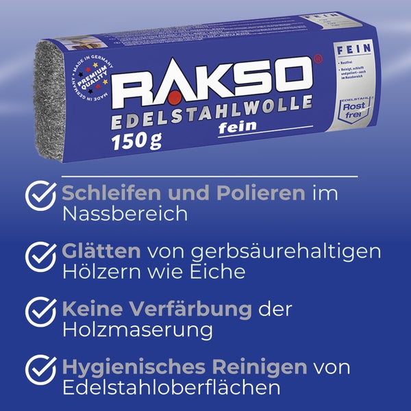 Rakso Edelstahlwolle fein, 150 Gramm. Zum Schleifen und Polieren im Nassbereich, Glätten von Eichenholz und Reinigen von Edelstahl.